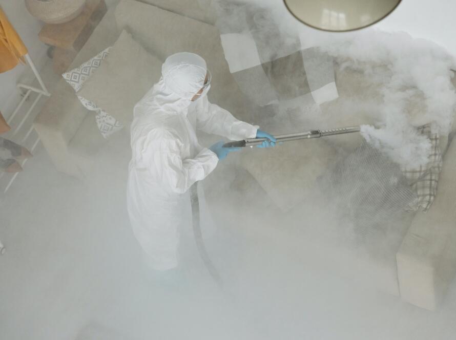 Person in White Protective Clothing Fumigating a Couch